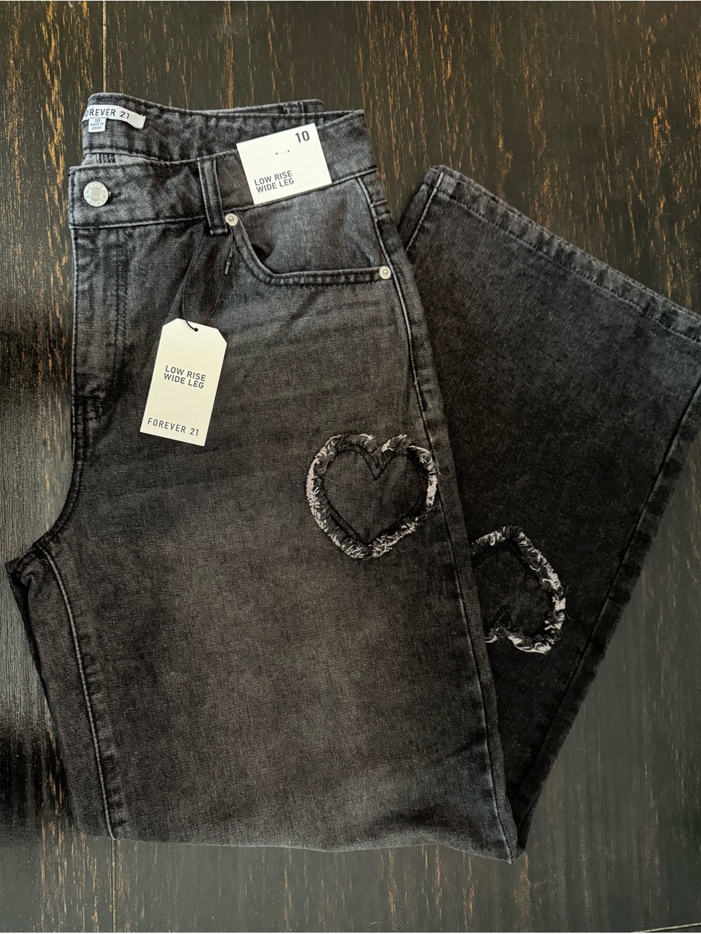 NWT! Forever 21 Black Low-Rise Wide Leg Jeans with Heart Patch Details